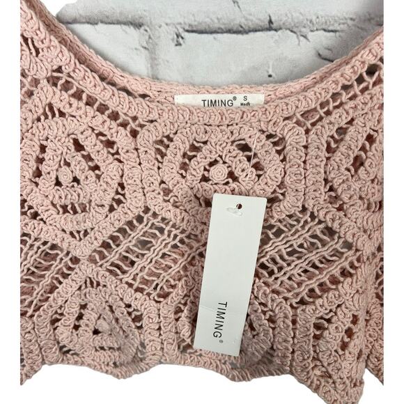 Timing Los Angeles Pink Crochet Cropped Midriff Tank Shirt Top NWT New Small - Picture 3 of 6